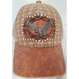 STRAW MESH METAL EAGLE FAUX LEATHER BALL TRUCKER CAP HAT TAN OSFA